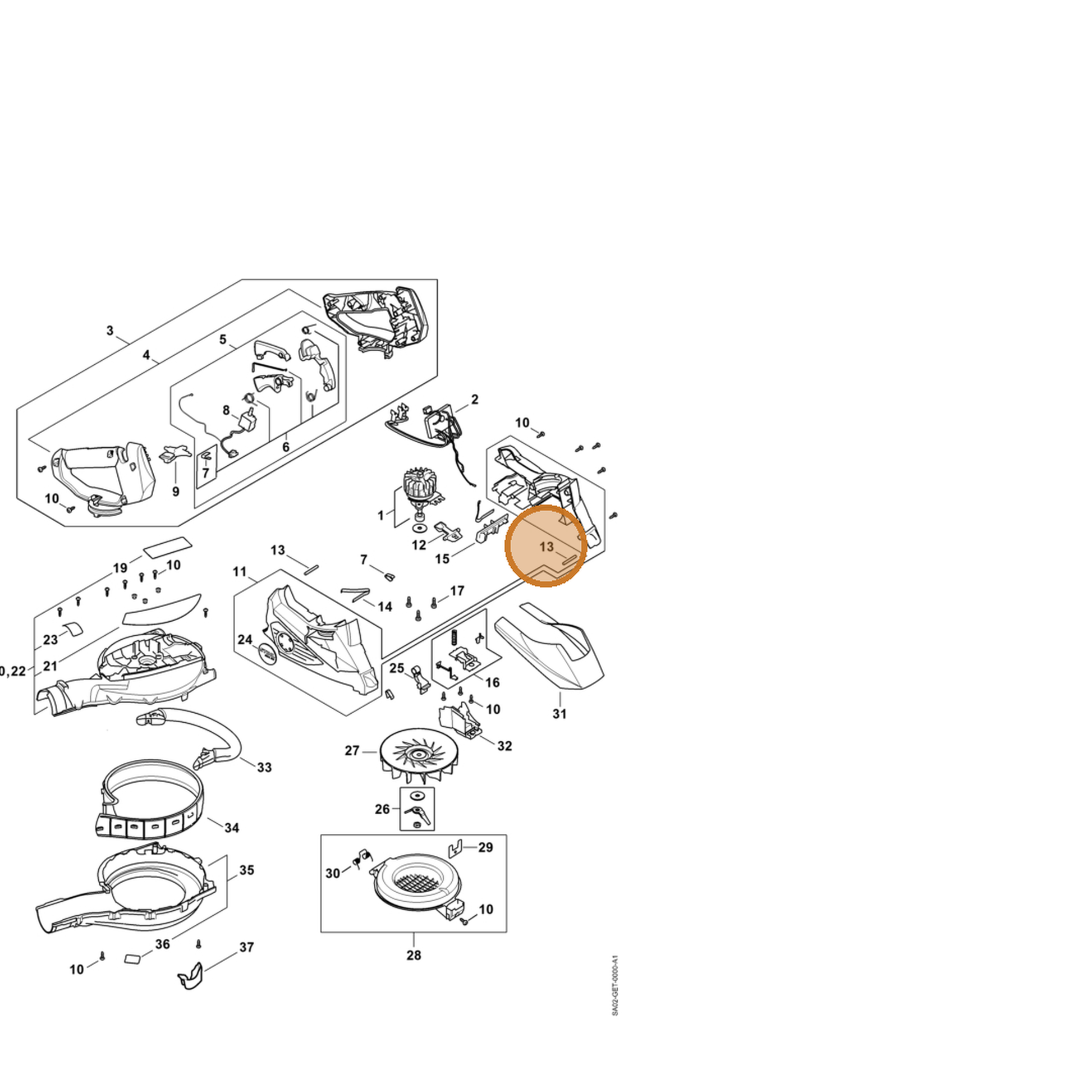 STIHL part SA02-971-0300 — IPL diagram snippet (6x zoom, amber highlight)