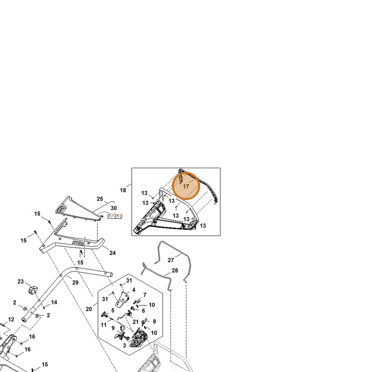 STIHL part WA21-706-3600 — IPL diagram snippet (6x zoom, amber highlight)