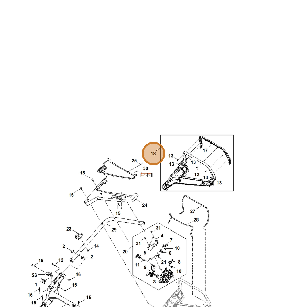 STIHL part WA21-780-3000 — IPL diagram snippet (6x zoom, amber highlight)