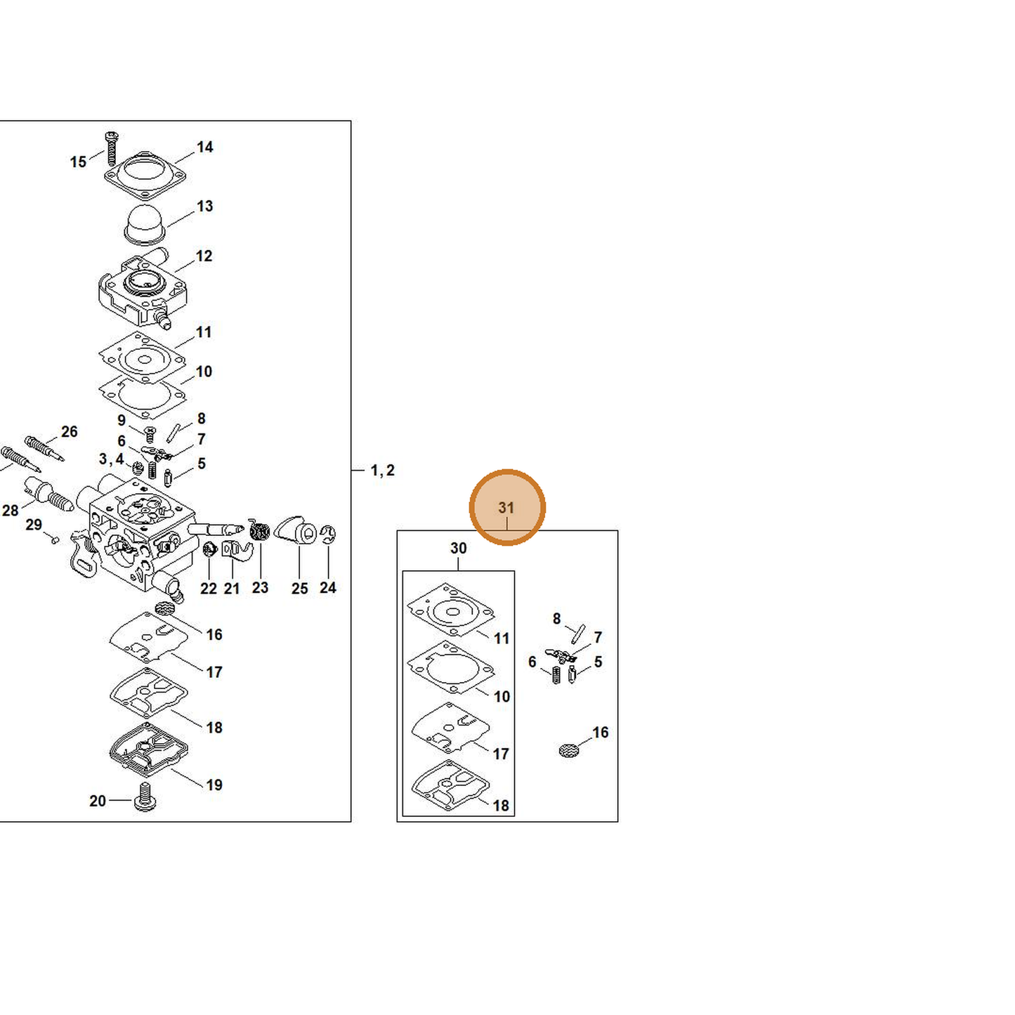 STIHL part Z010-001-K009 — IPL diagram snippet (6x zoom, amber highlight)