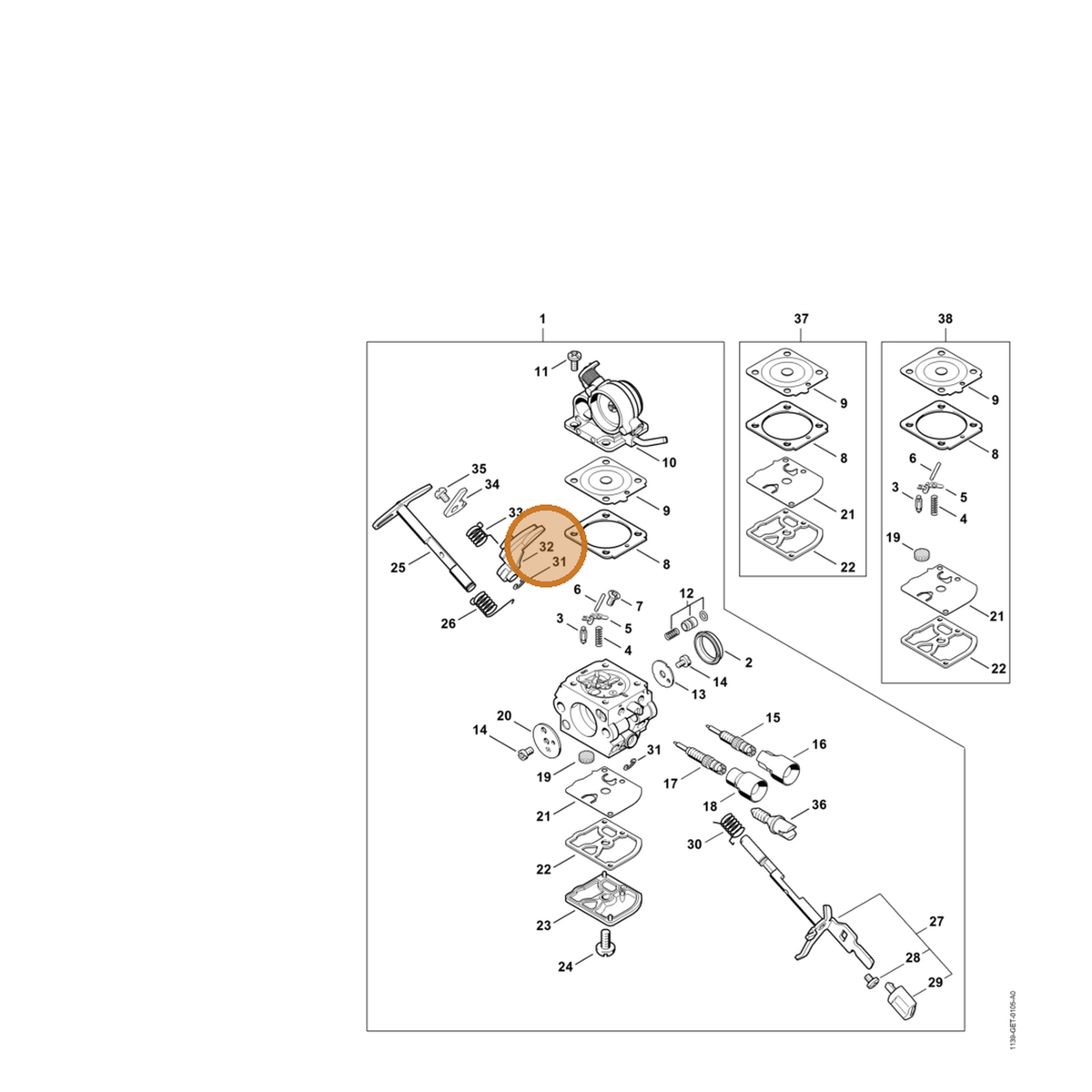 STIHL part Z010-012-Z007 — IPL diagram snippet (6x zoom, amber highlight)