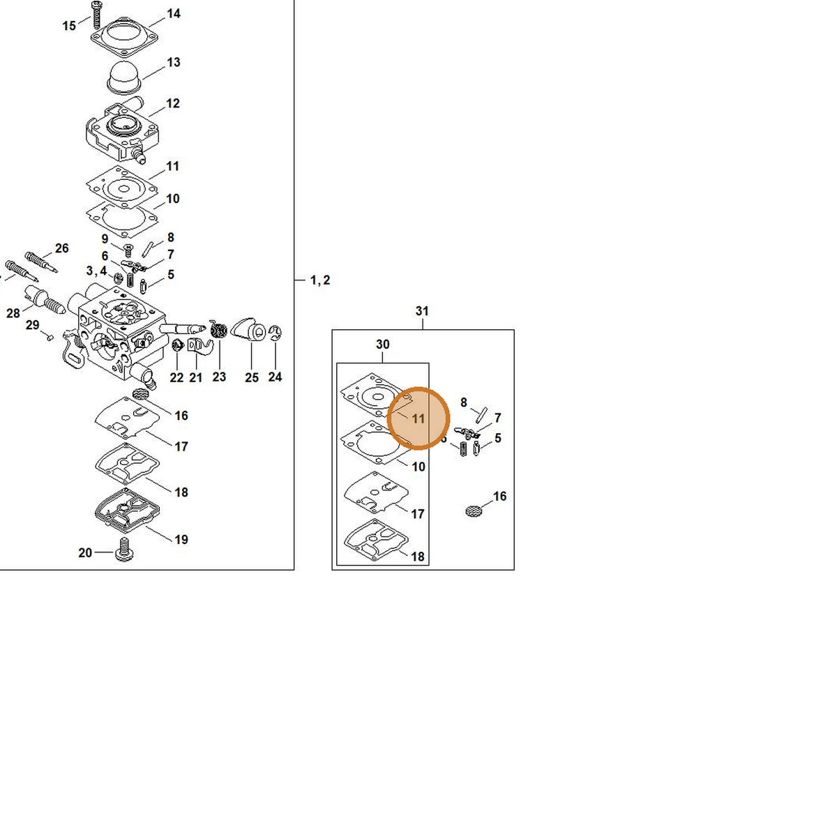 STIHL part Z010-015-A006 — IPL diagram snippet (6x zoom, amber highlight)