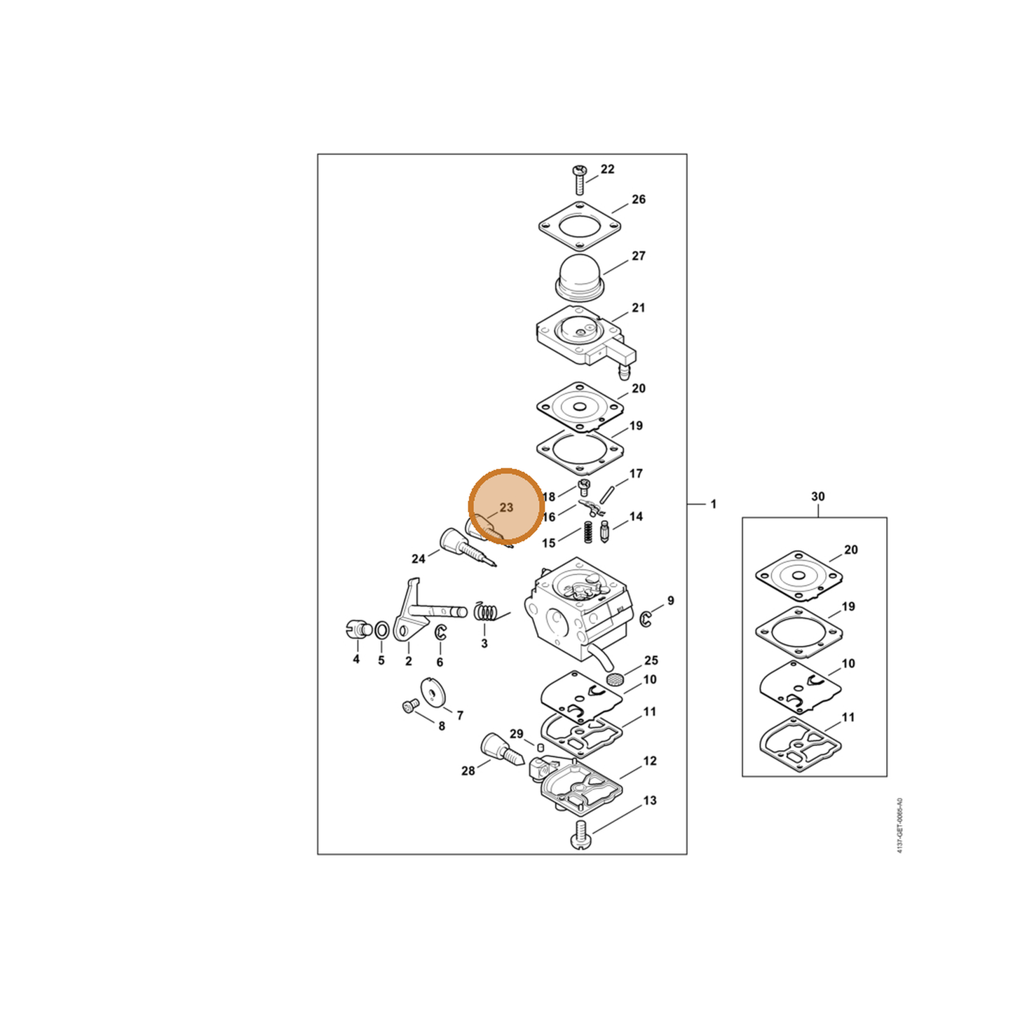 STIHL part Z010-030-A013 — IPL diagram snippet (6x zoom, amber highlight)