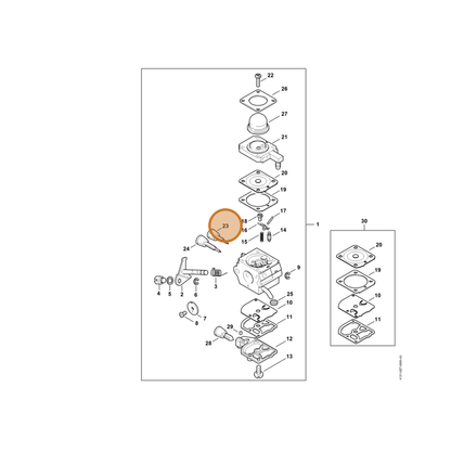 STIHL part Z010-030-A013 — IPL diagram snippet (6x zoom, amber highlight)