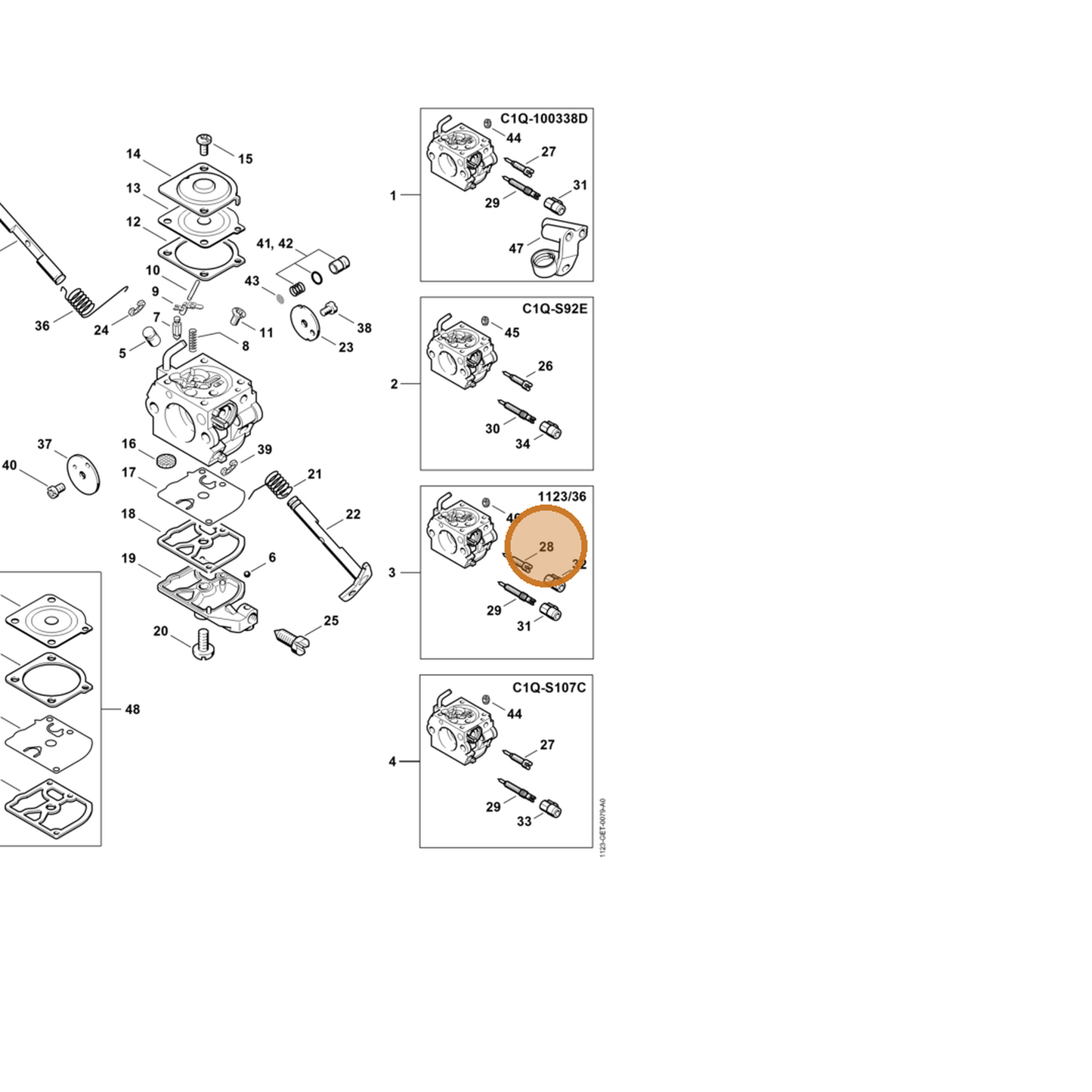 STIHL part Z010-031-K007 — IPL diagram snippet (6x zoom, amber highlight)